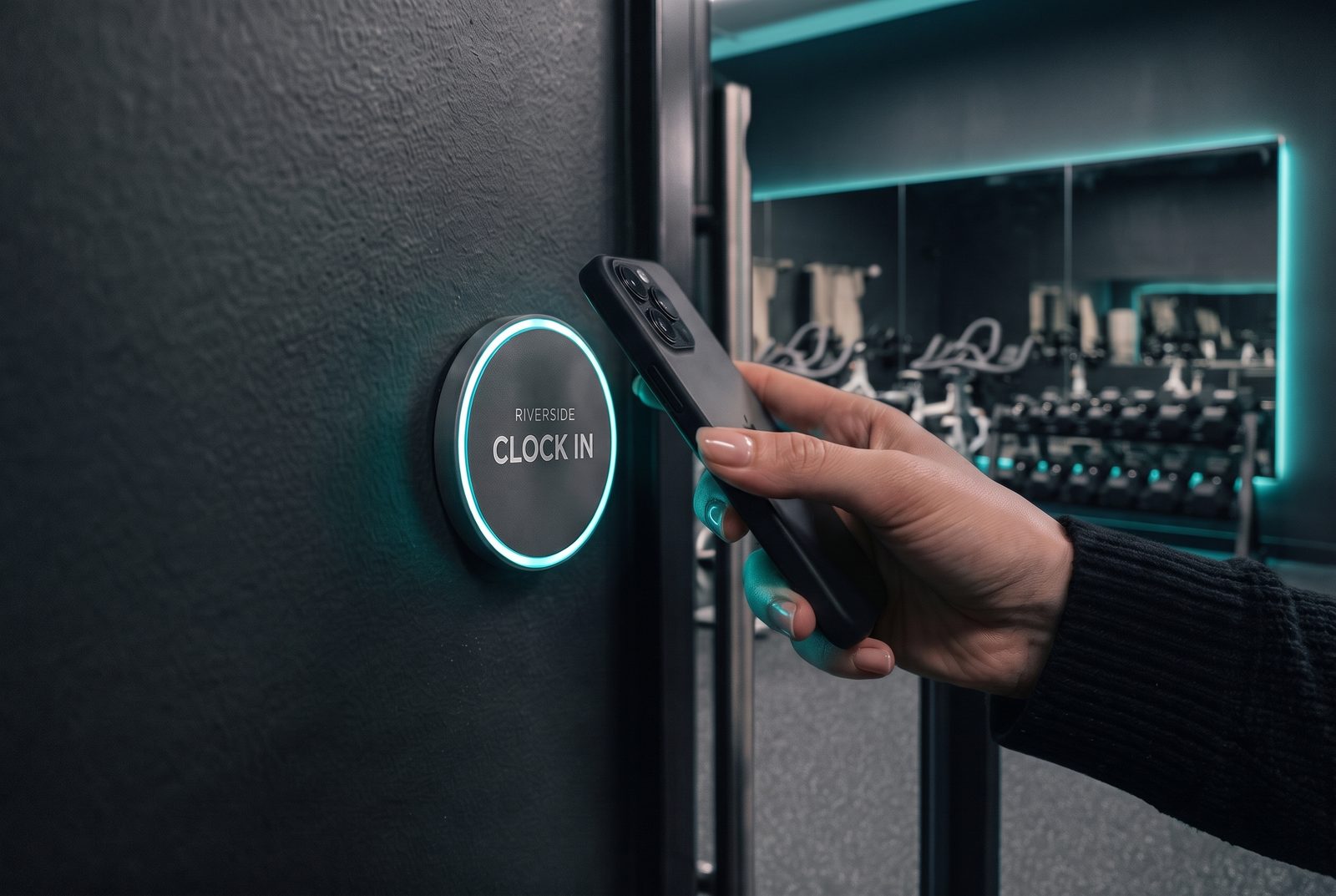 A hand holding a phone against a round, branded Clock Out tag mounted on the wall beside a doorway.